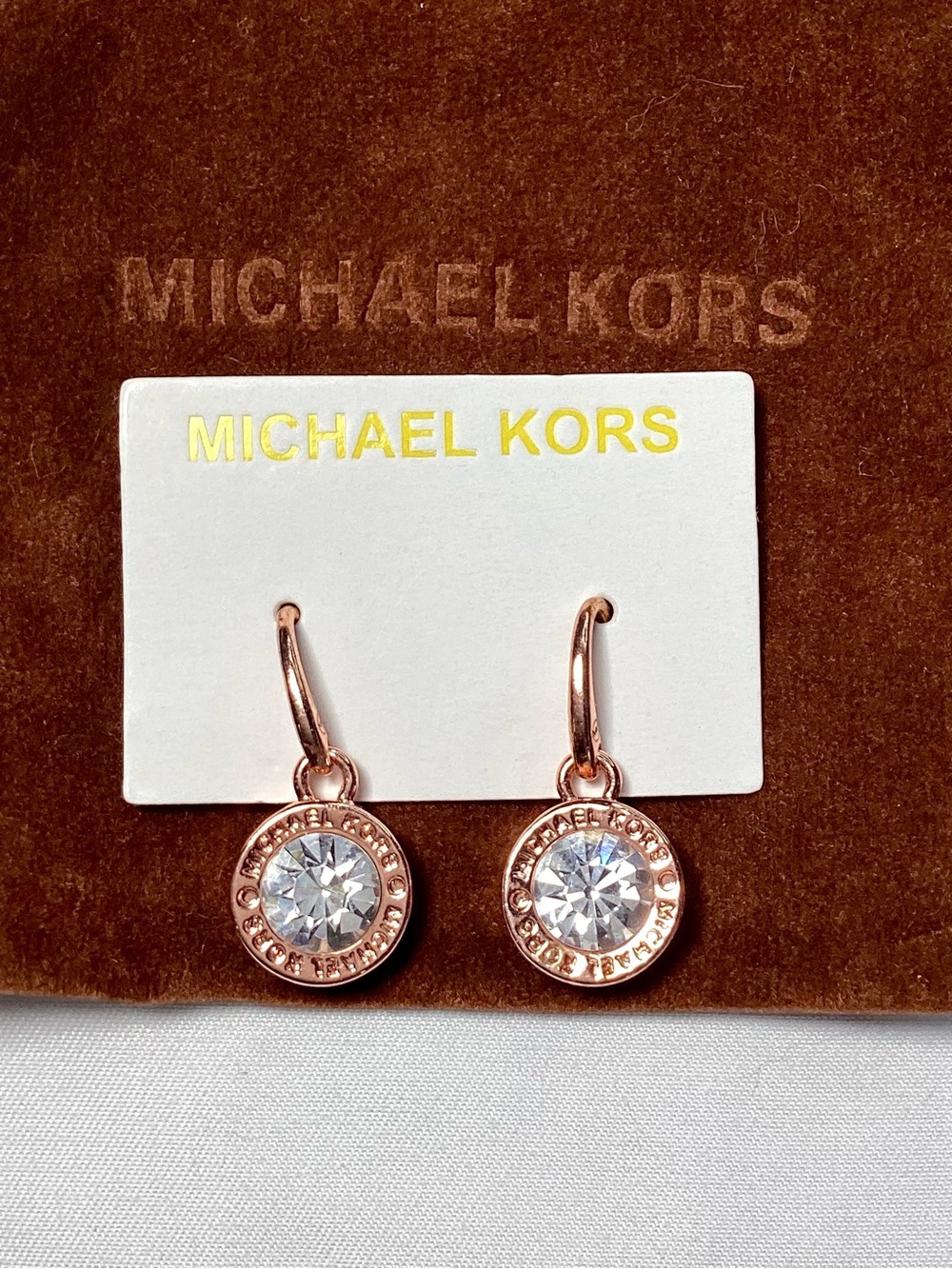 Michael Kors Brilliance Rose Gold Crystal Drop Earrings NWT w/MK Velvet Dust Bag